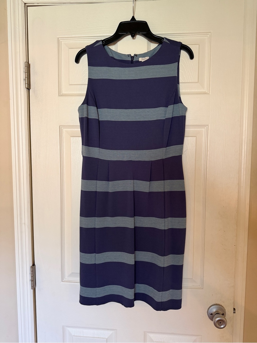 Sleeveless Navy and Light Blue Striped Sheath Dress